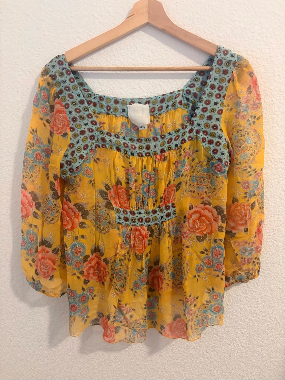 Anna Sui for Anthropologie Floral Y2K Peasant Top Boho Silk Size 12